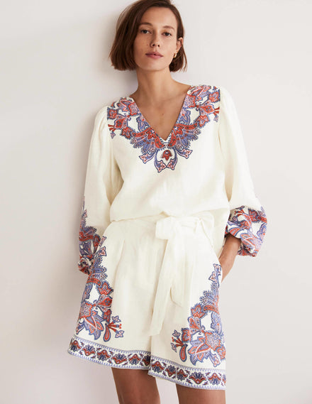 Alma Tie Waist Linen Shorts-Ivory, Paisley Bud