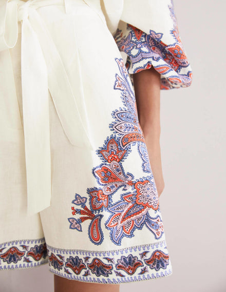 Alma Tie Waist Linen Shorts-Ivory, Paisley Bud