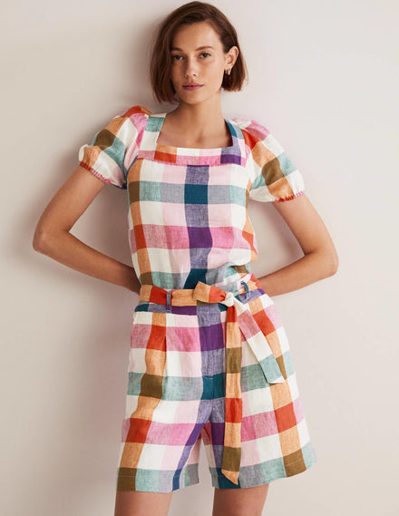 Alma Tie Waist Linen Shorts-Bonbon Pink, Flambe Check