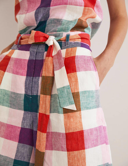 Alma Tie Waist Linen Shorts-Bonbon Pink, Flambe Check