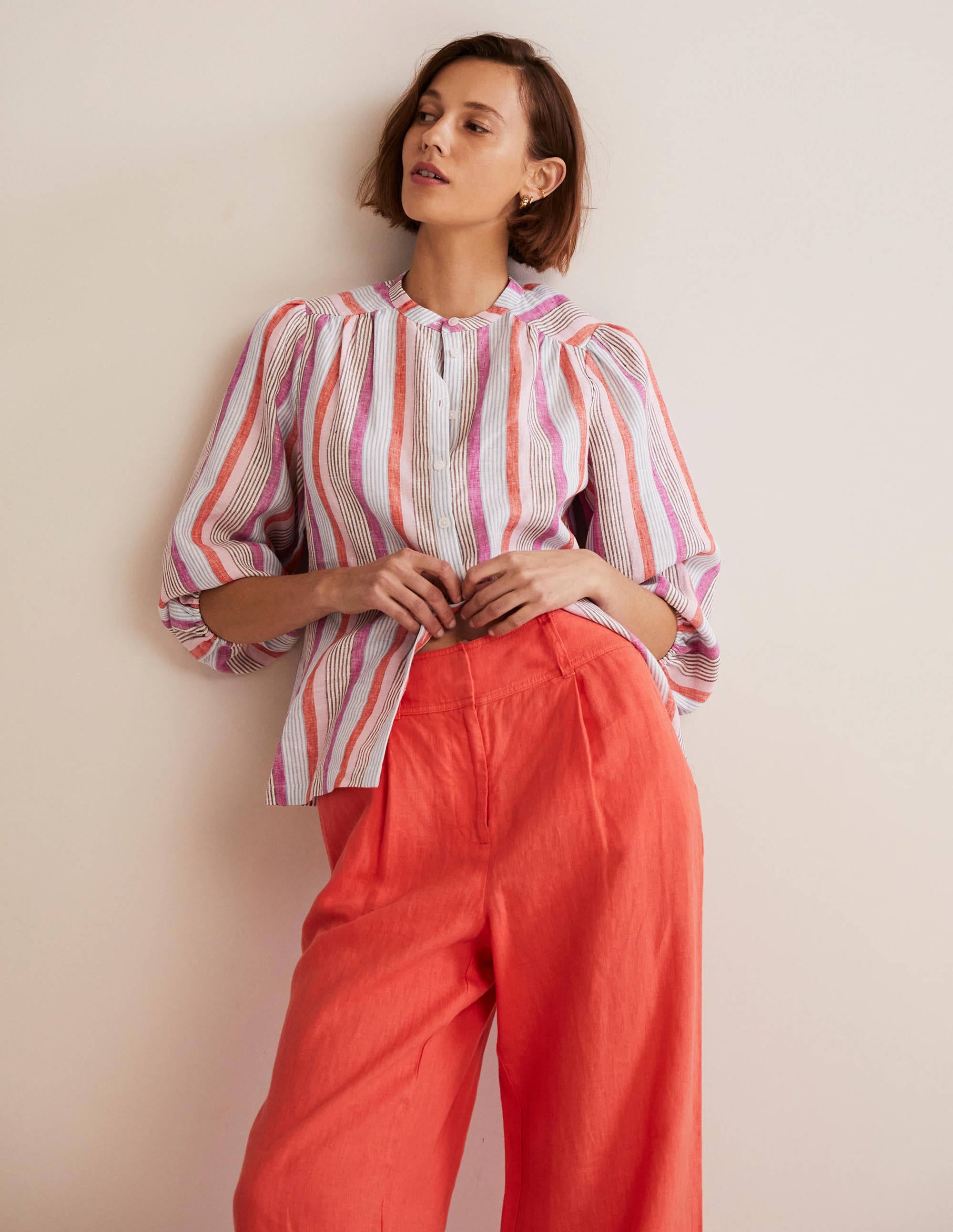 Becky Full Sleeve Linen Blouse-Firecracker, Cameo Pink Stripe - Image 1