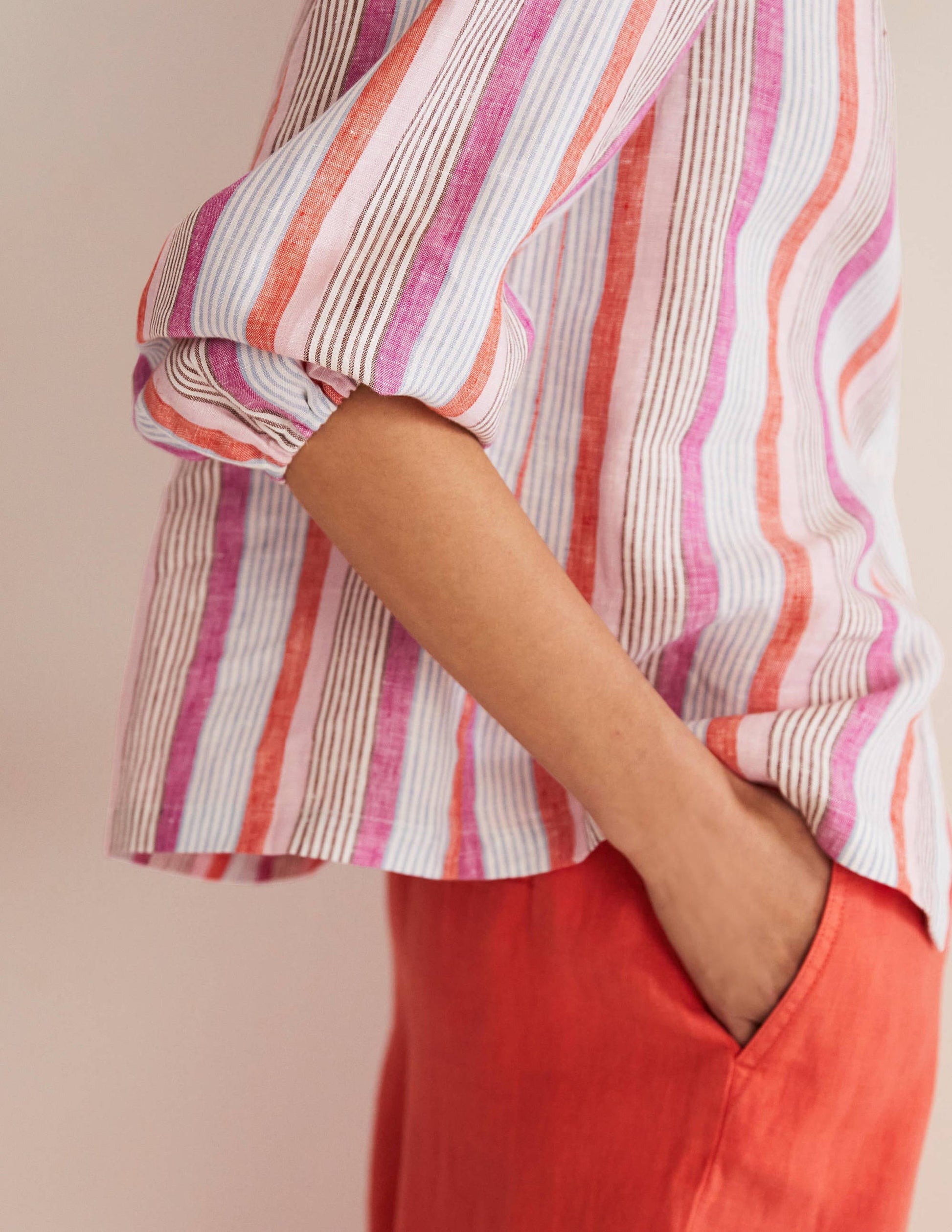 Becky Full Sleeve Linen Blouse-Firecracker, Cameo Pink Stripe-2