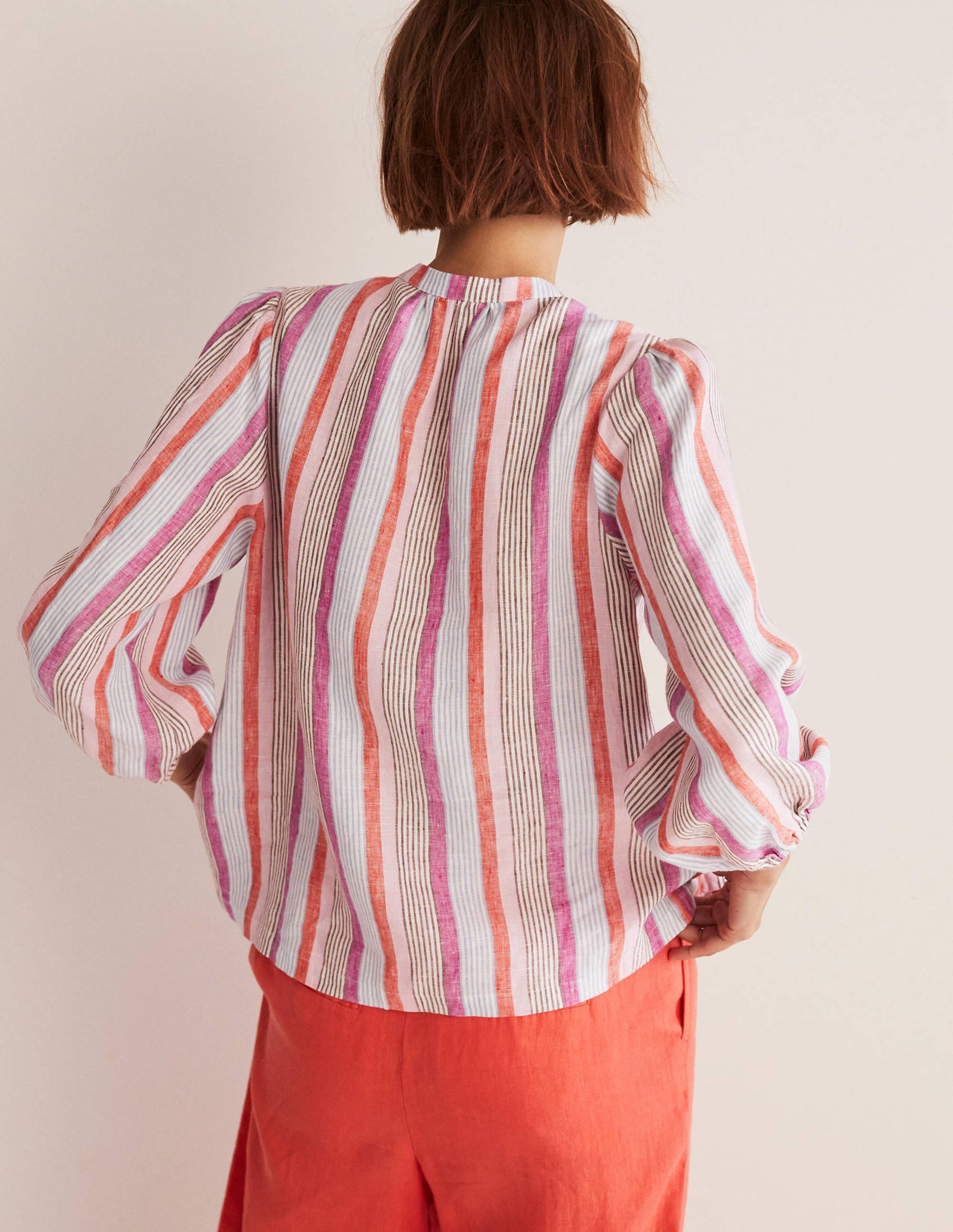 Becky Full Sleeve Linen Blouse-Firecracker, Cameo Pink Stripe-3