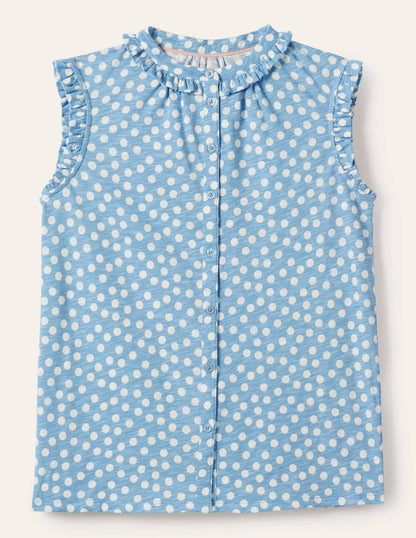 Daphne Frilly Sleeveless Shirt-Dusty Blue, Scatter Dot-5