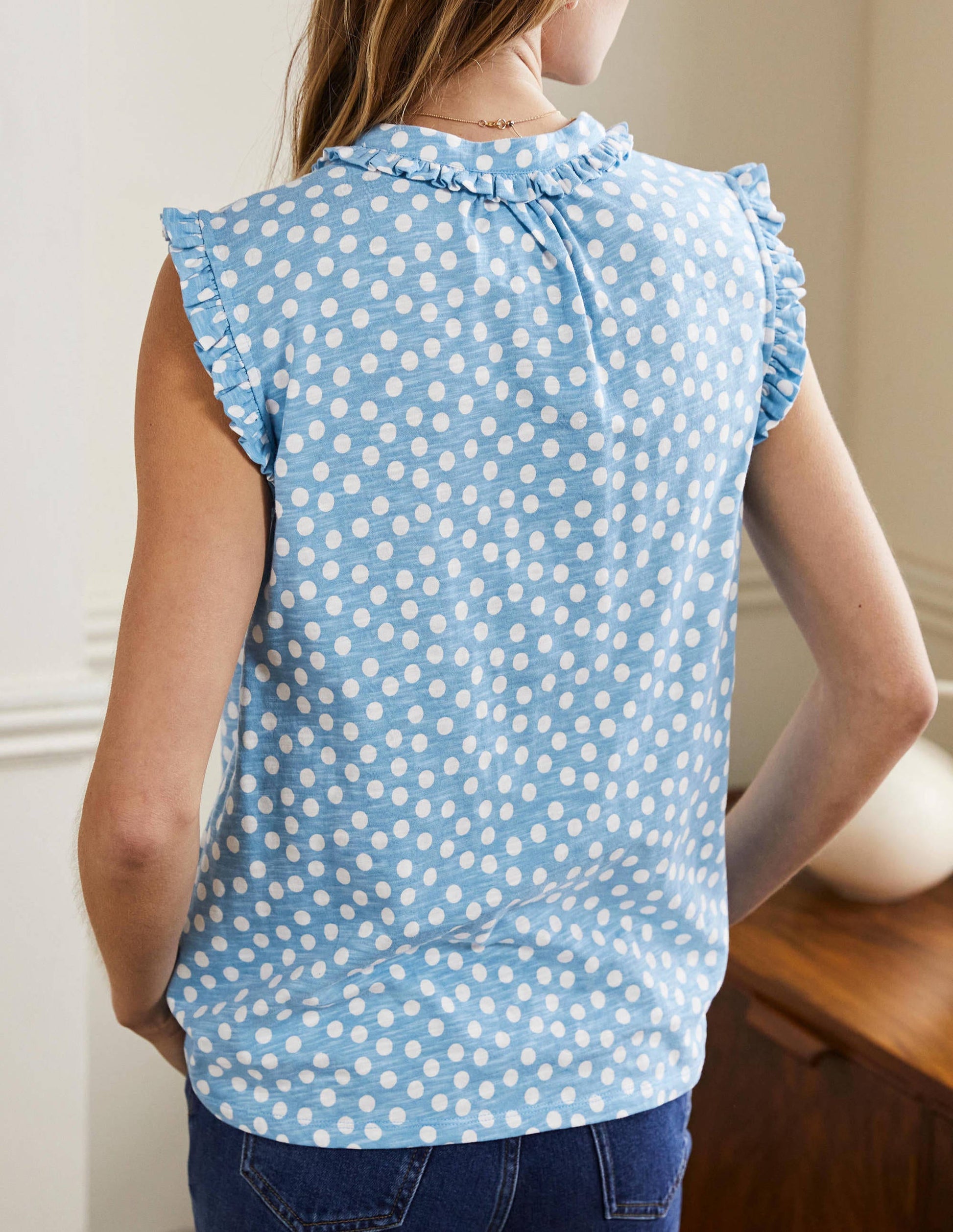 Daphne Frilly Sleeveless Shirt-Dusty Blue, Scatter Dot-3