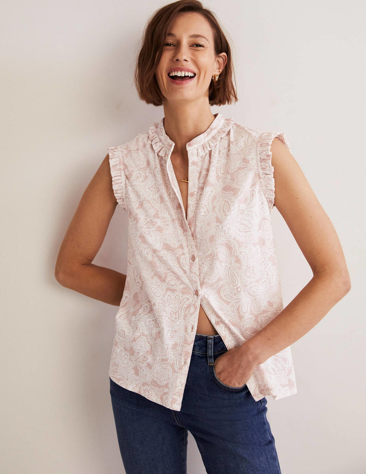 Daphne Frilly Sleeveless Shirt-Milkshake, Paisley Bud