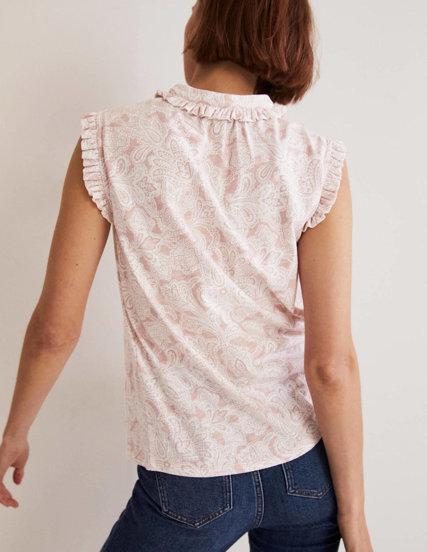 Daphne Frilly Sleeveless Shirt-Milkshake, Paisley Bud