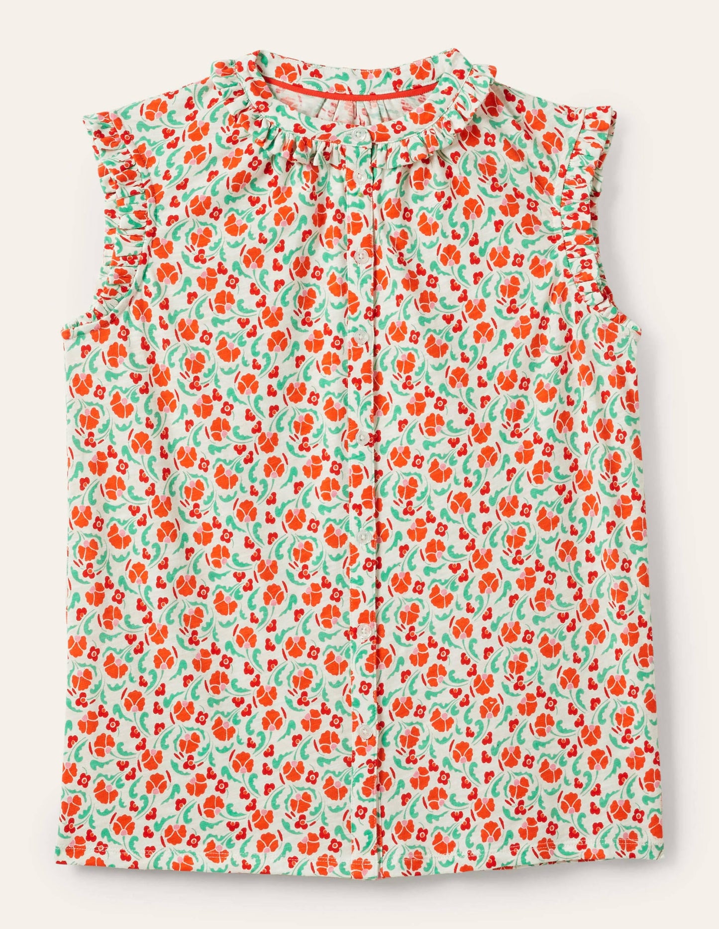 Daphne Frilly Sleeveless Shirt-Bright Papaya, Delicate Bud