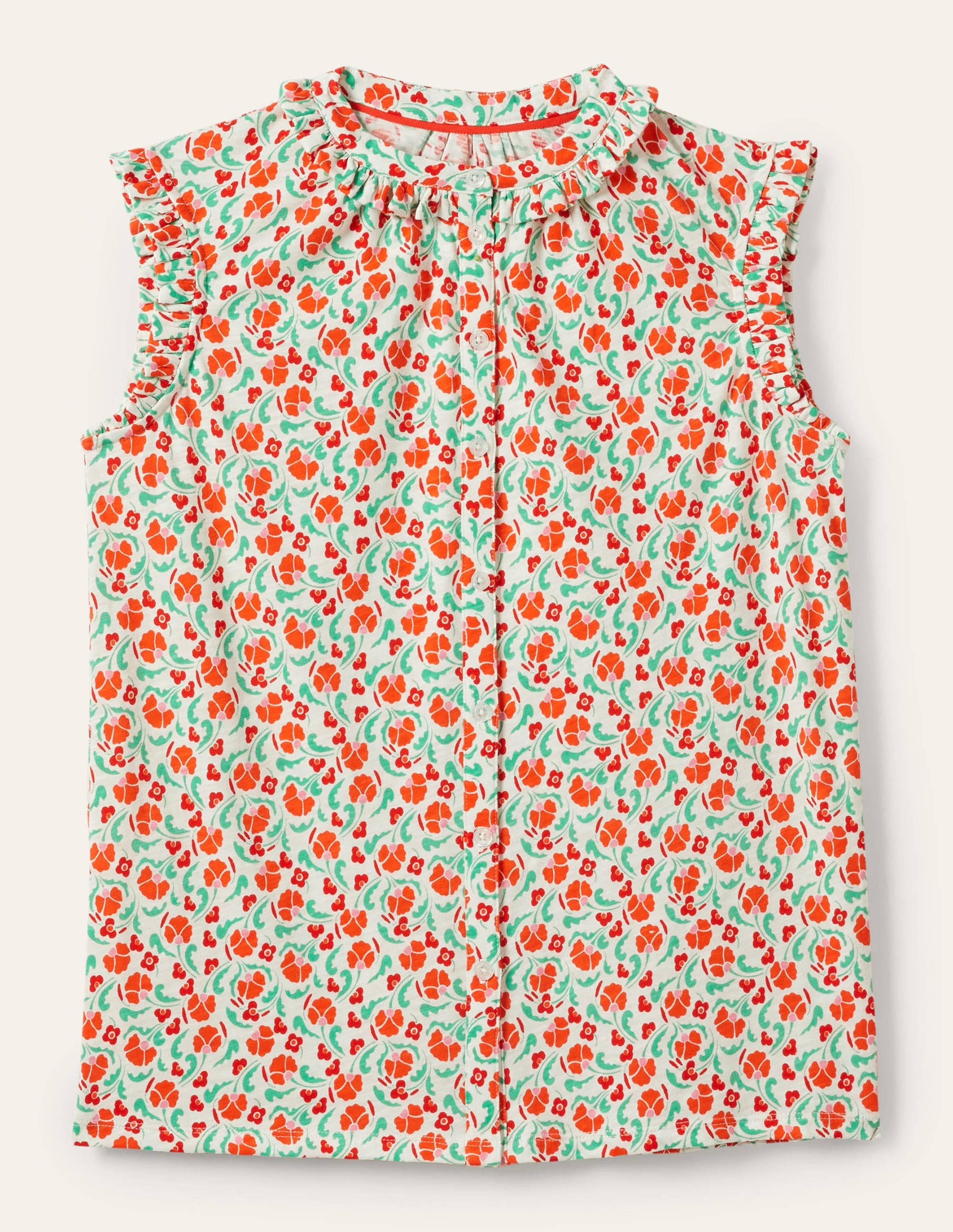 Daphne Frilly Sleeveless Shirt-Bright Papaya, Delicate Bud-5