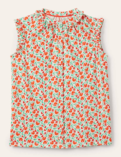 Daphne Frilly Sleeveless Shirt-Bright Papaya, Delicate Bud-5