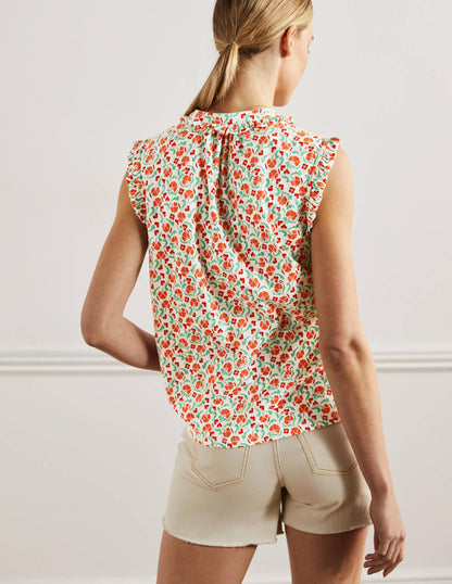 Daphne Frilly Sleeveless Shirt-Bright Papaya, Delicate Bud-3