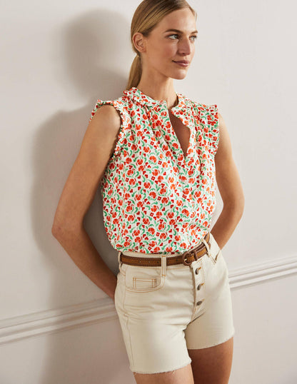 Daphne Frilly Sleeveless Shirt-Bright Papaya, Delicate Bud-4