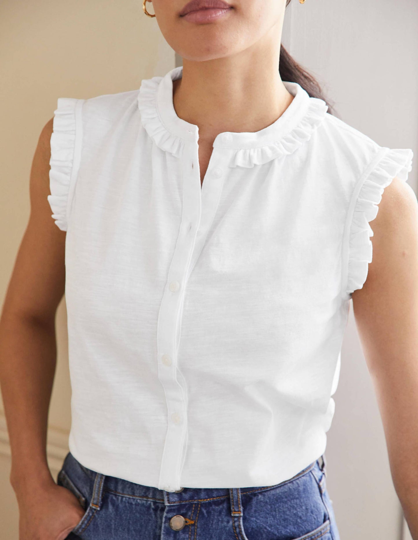 Daphne Frilly Sleeveless Shirt-White