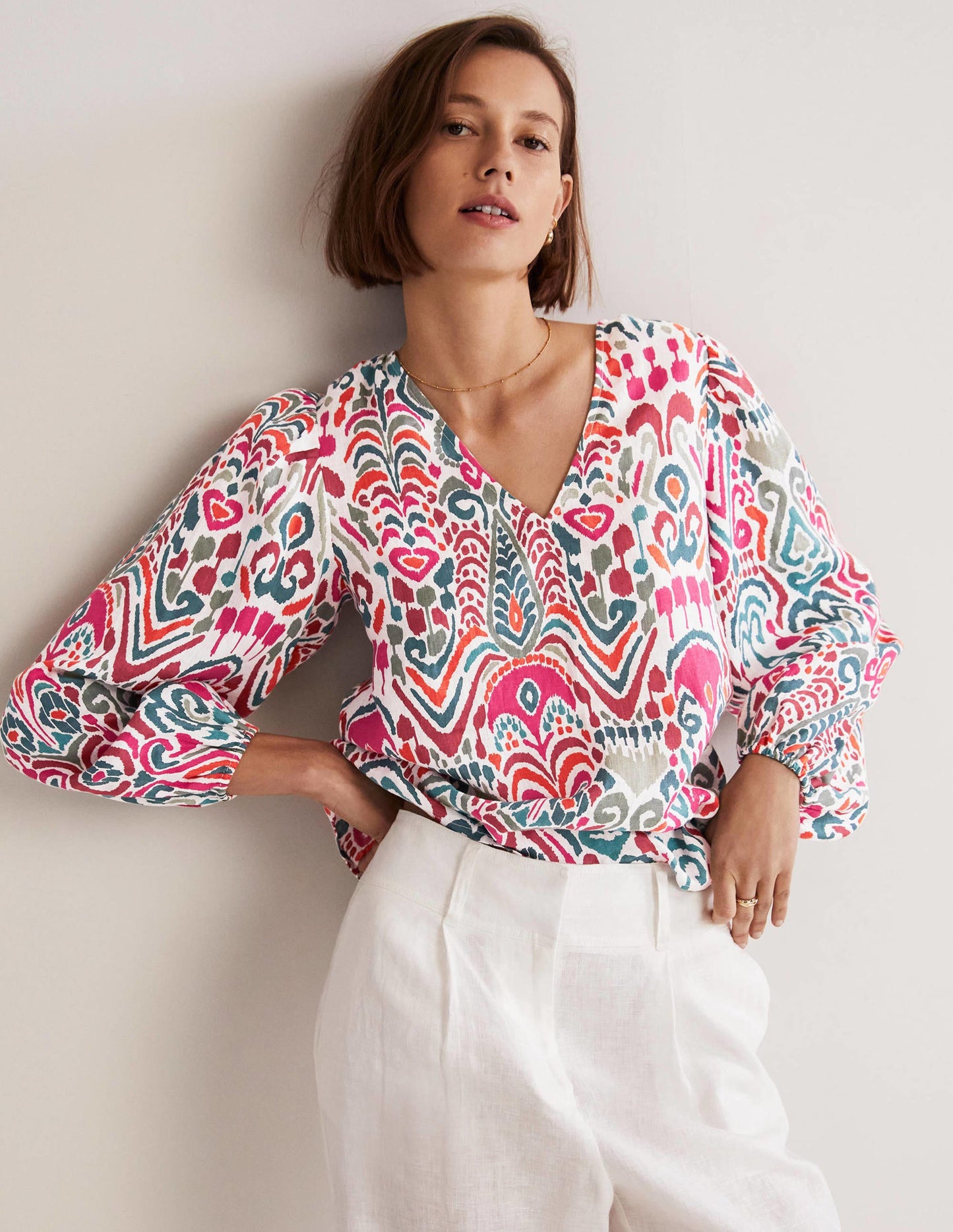 V-Neck Linen Top-Multi, Ikat Charm