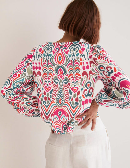 V-Neck Linen Top-Multi, Ikat Charm-3