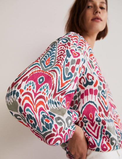 V-Neck Linen Top-Multi, Ikat Charm-4