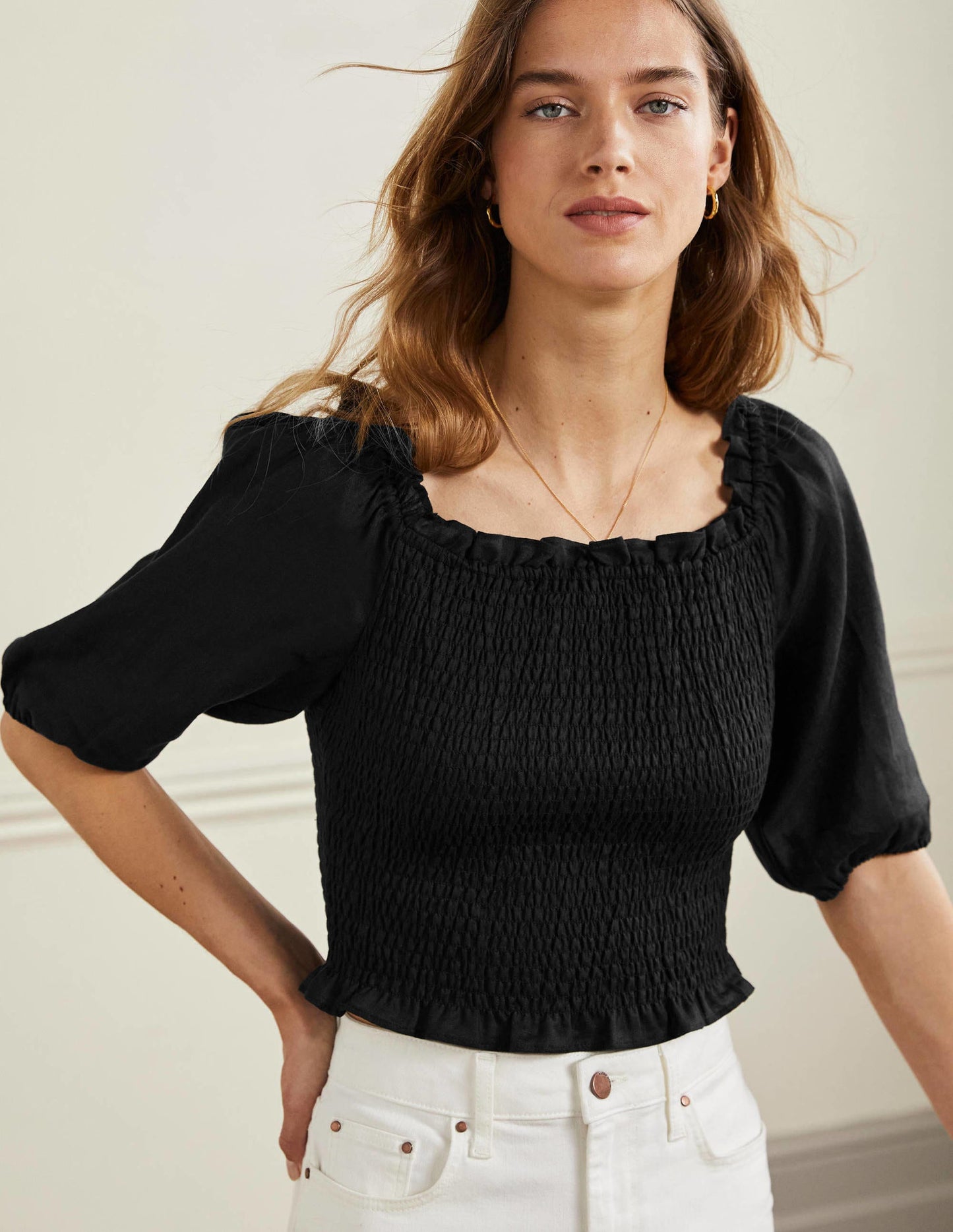 Carrie Smocked Linen Top-Black