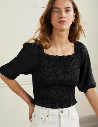 Carrie Smocked Linen Top-Black-1