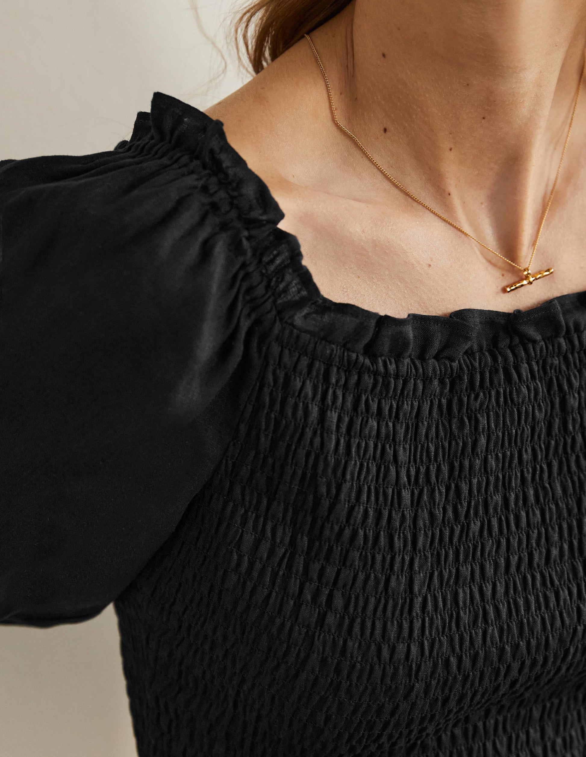 Carrie Smocked Linen Top-Black-2