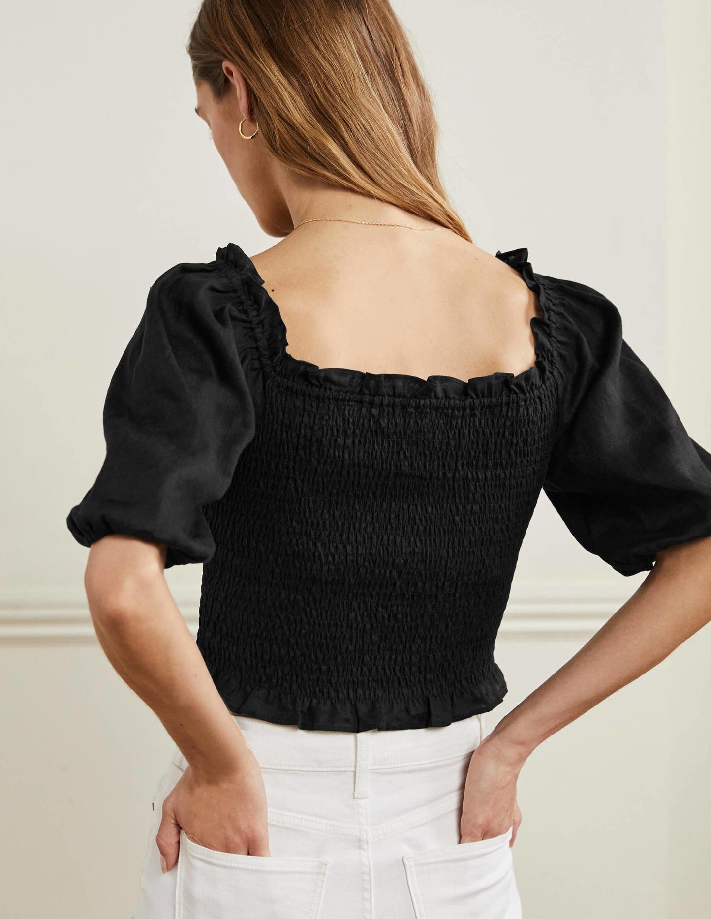 Carrie Smocked Linen Top-Black