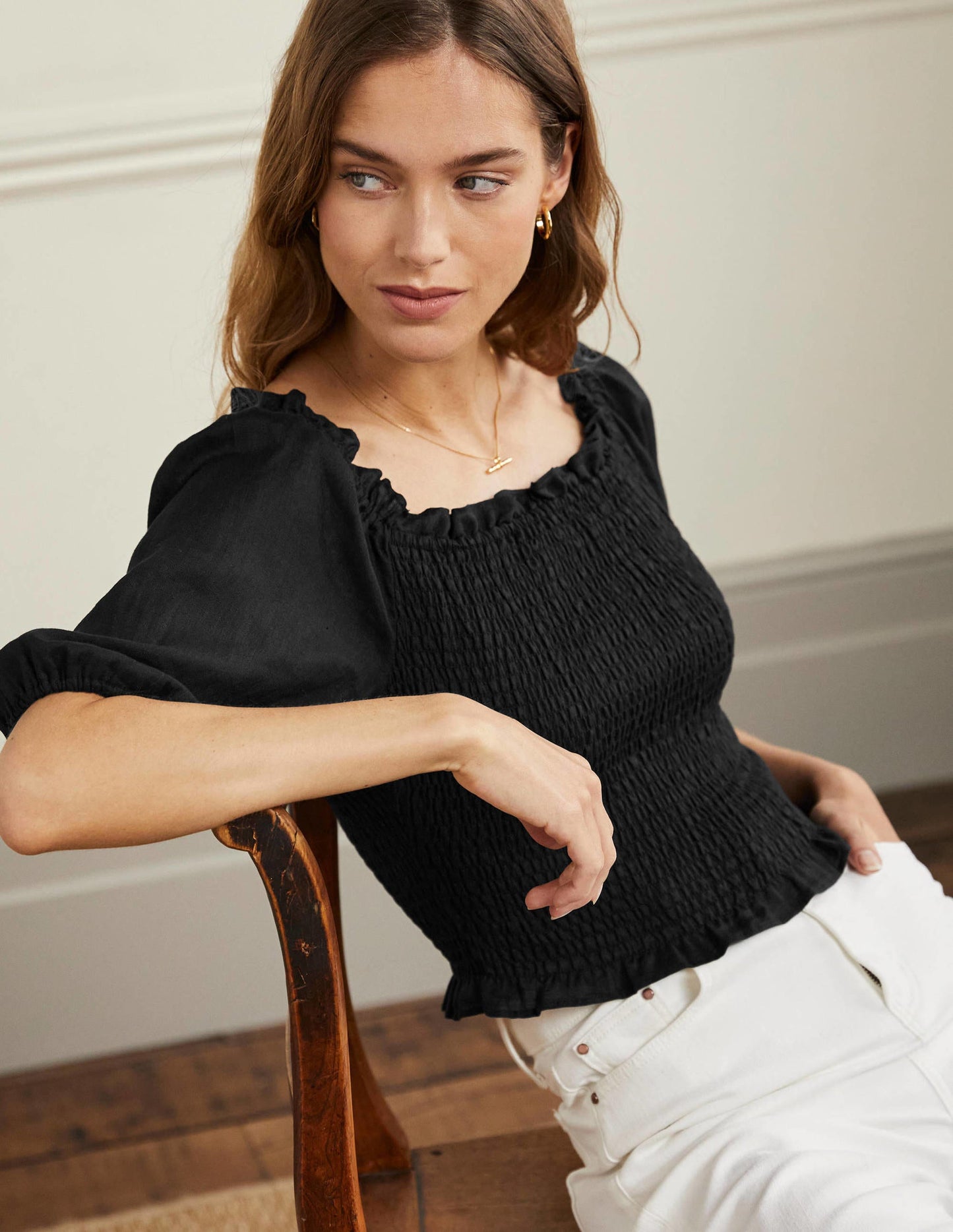 Carrie Smocked Linen Top-Black