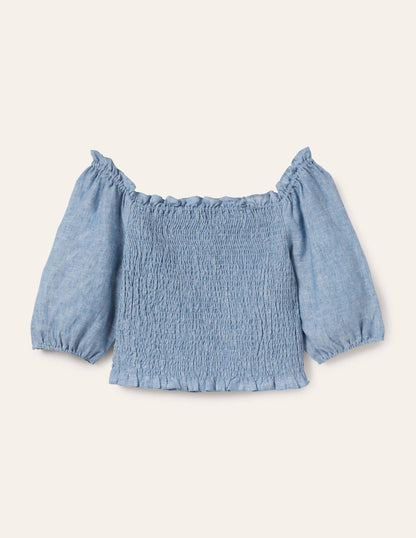 Carrie Smocked Linen Top-Chambray-6