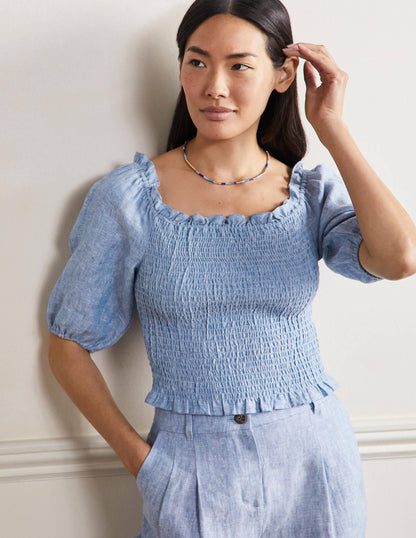 Carrie Smocked Linen Top-Chambray-1