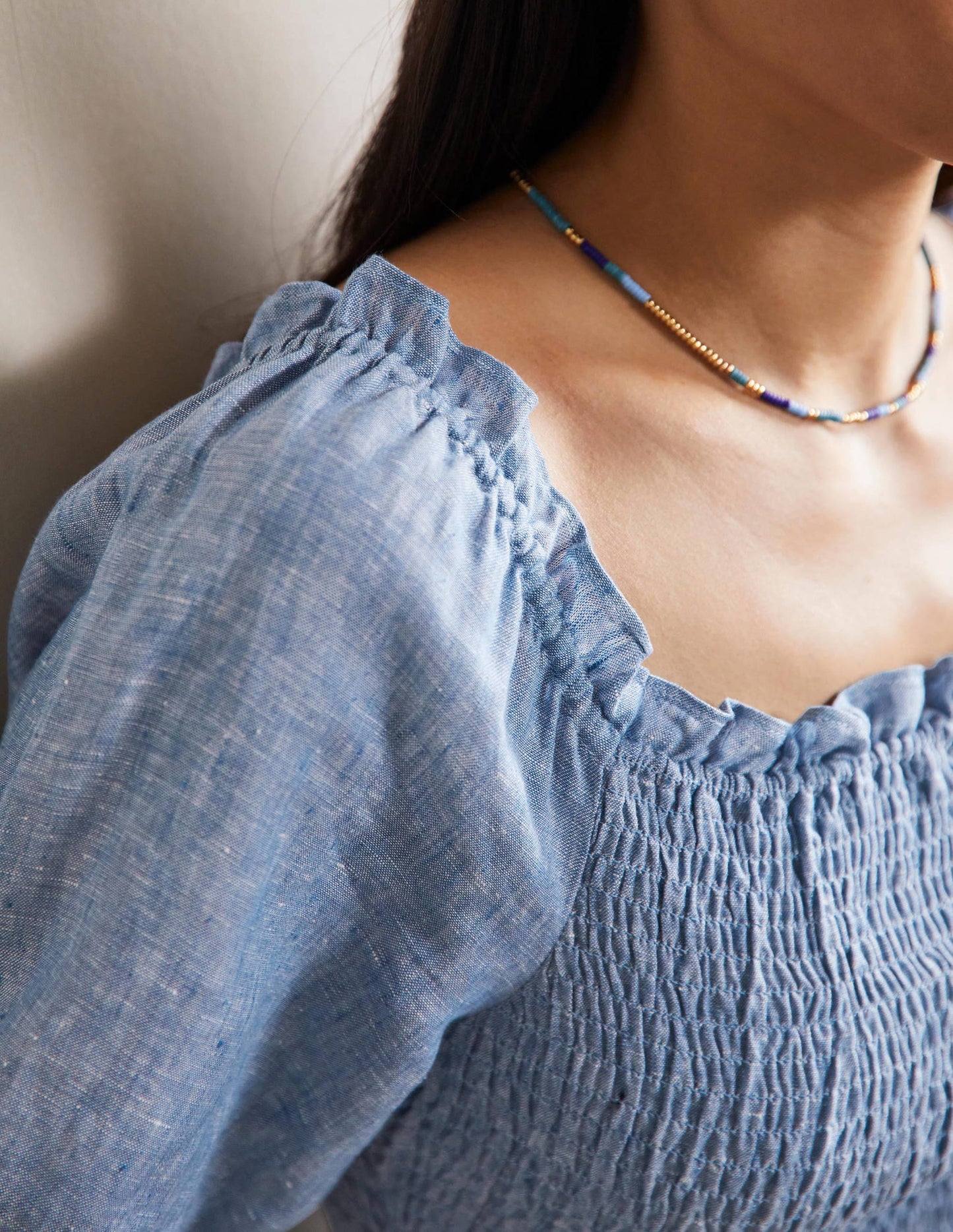 Carrie Smocked Linen Top-Chambray