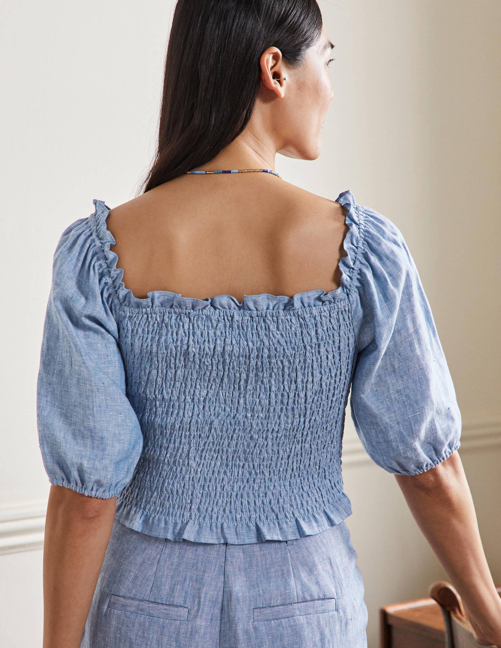 Carrie Smocked Linen Top-Chambray-3
