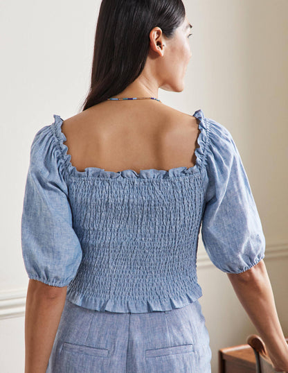 Carrie Smocked Linen Top-Chambray-3
