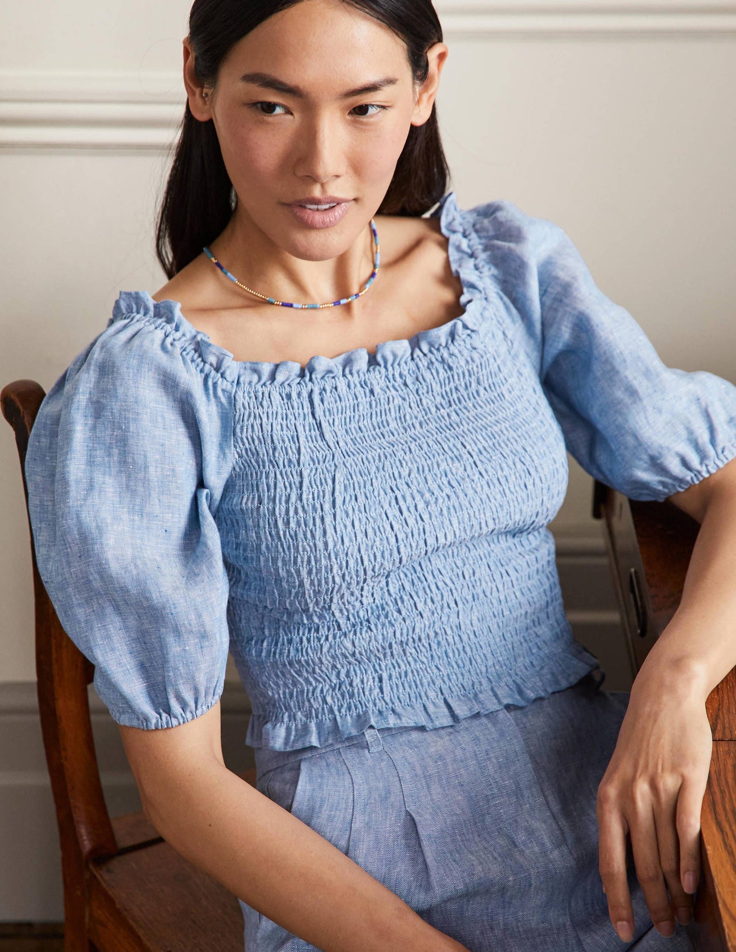 Carrie Smocked Linen Top-Chambray