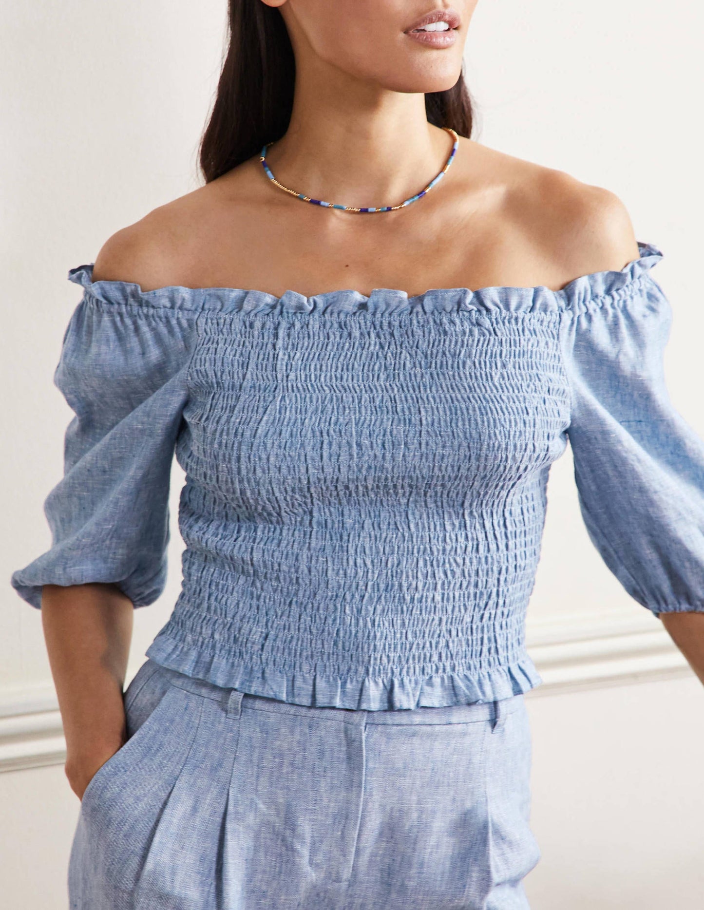 Carrie Smocked Linen Top-Chambray