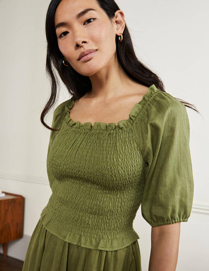 Carrie Smocked Linen Top-Pea Green-1