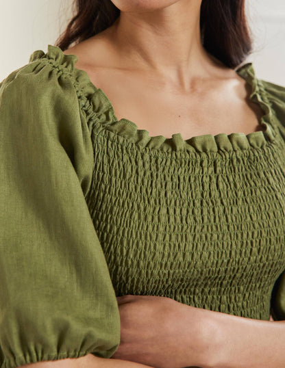 Carrie Smocked Linen Top-Pea Green-2