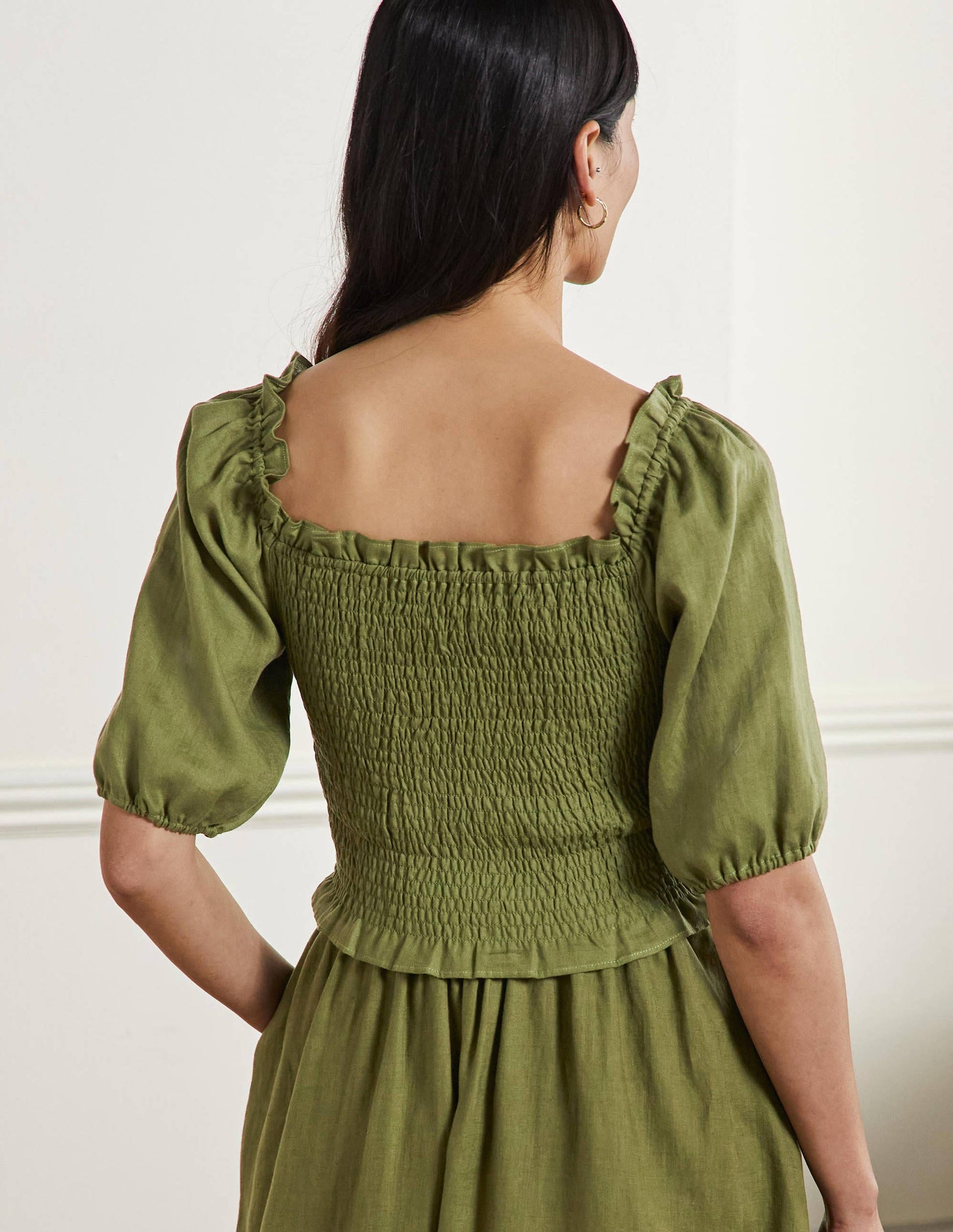 Carrie Smocked Linen Top-Pea Green-3