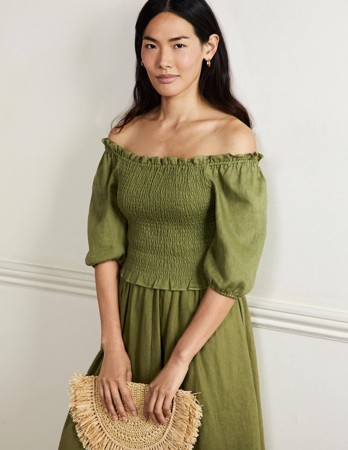 Carrie Smocked Linen Top-Pea Green