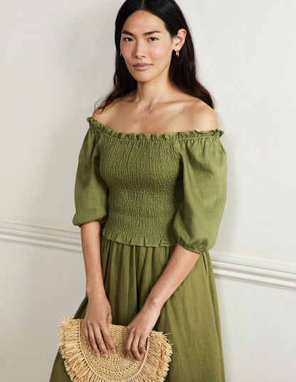Carrie Smocked Linen Top-Pea Green-4