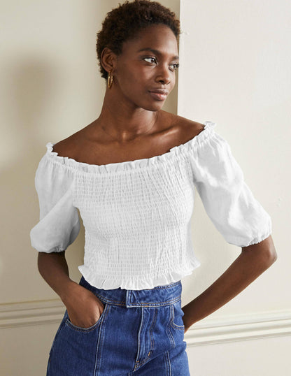Carrie Smocked Linen Top-White-1