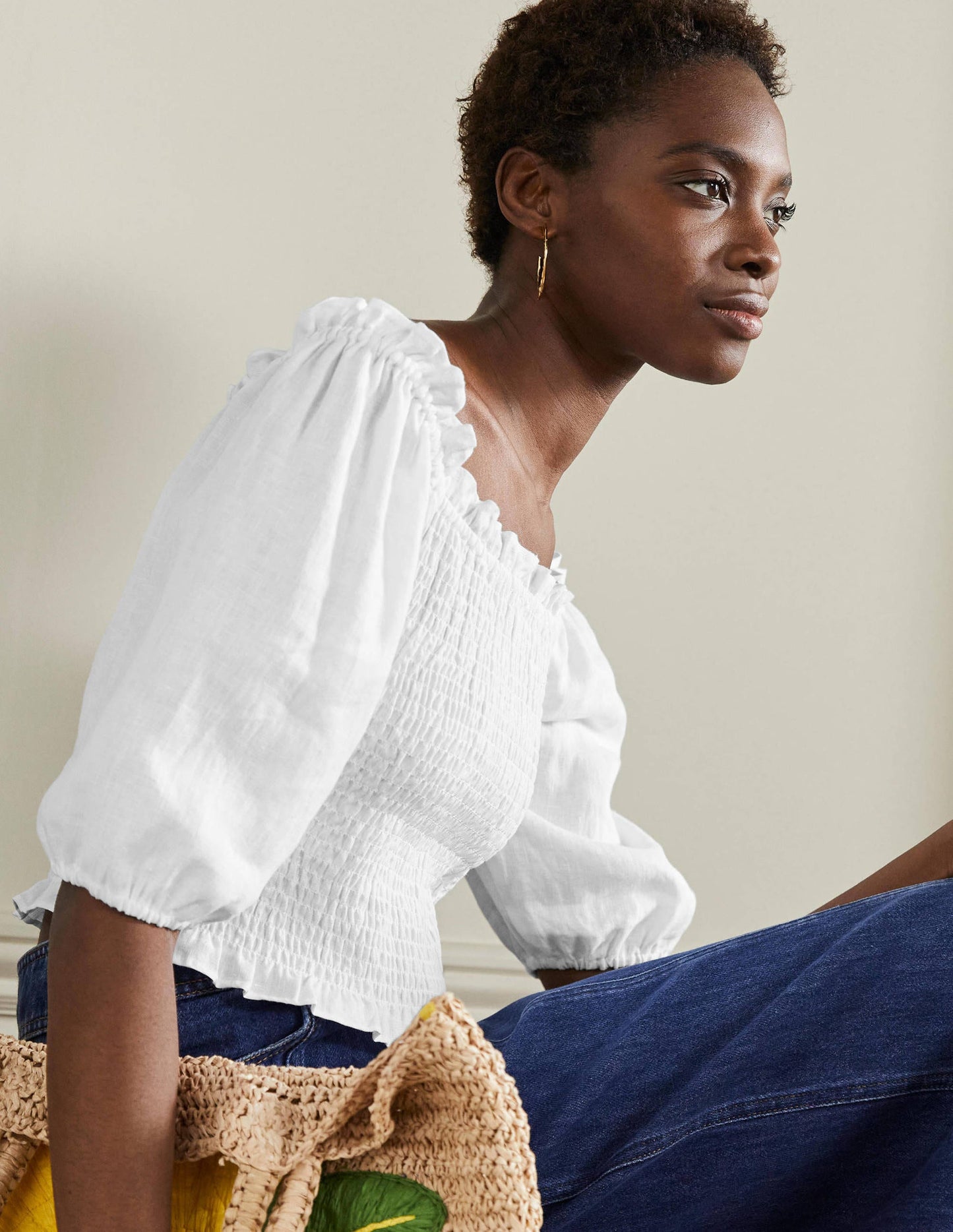 Carrie Smocked Linen Top-White