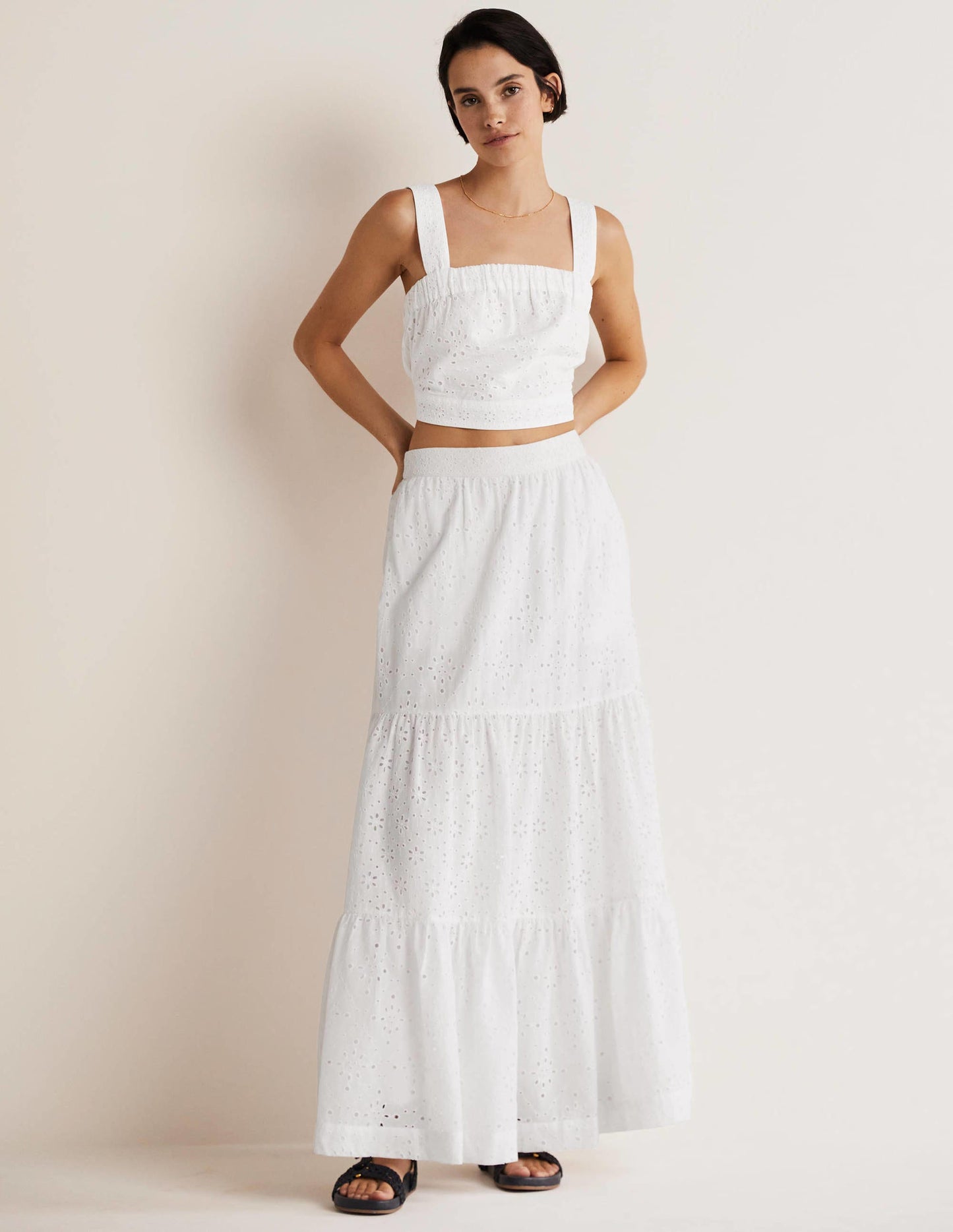 Cropped Cotton Top-White, Broderie