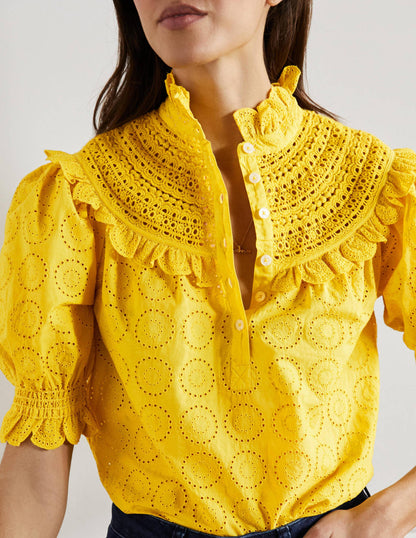 Faye Short Sleeve Broderie Top-Lemon Fizz-4