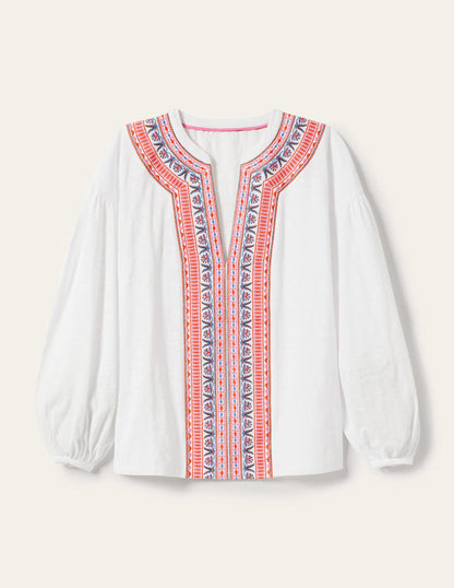 Embroidered Tie Detail Top-White, Multi Embroidery