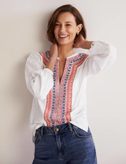 Embroidered Tie Detail Top-White, Multi Embroidery