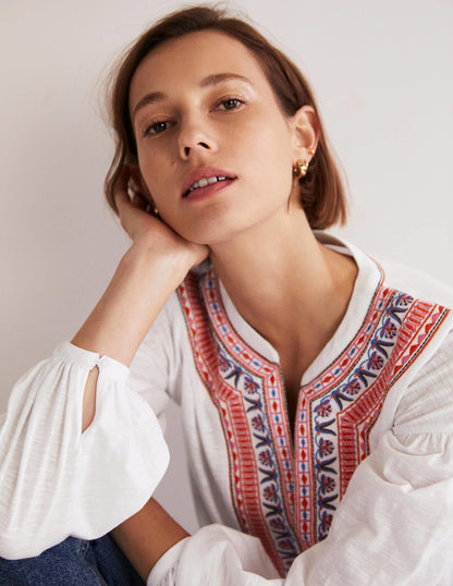 Embroidered Tie Detail Top-White, Multi Embroidery