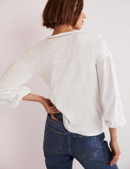 Embroidered Tie Detail Top-White, Multi Embroidery