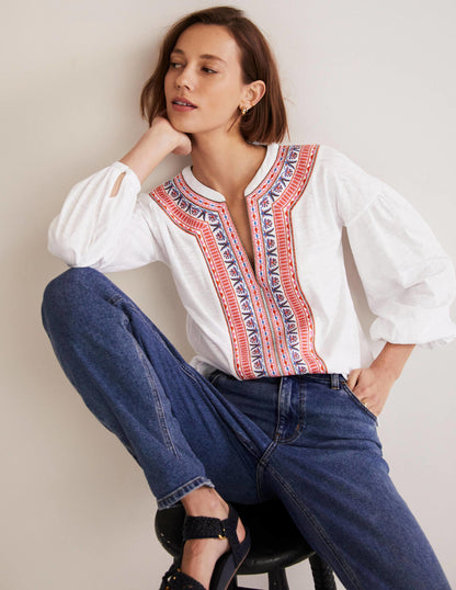 Embroidered Tie Detail Top-White, Multi Embroidery
