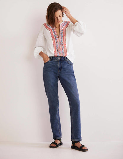 Embroidered Tie Detail Top-White, Multi Embroidery