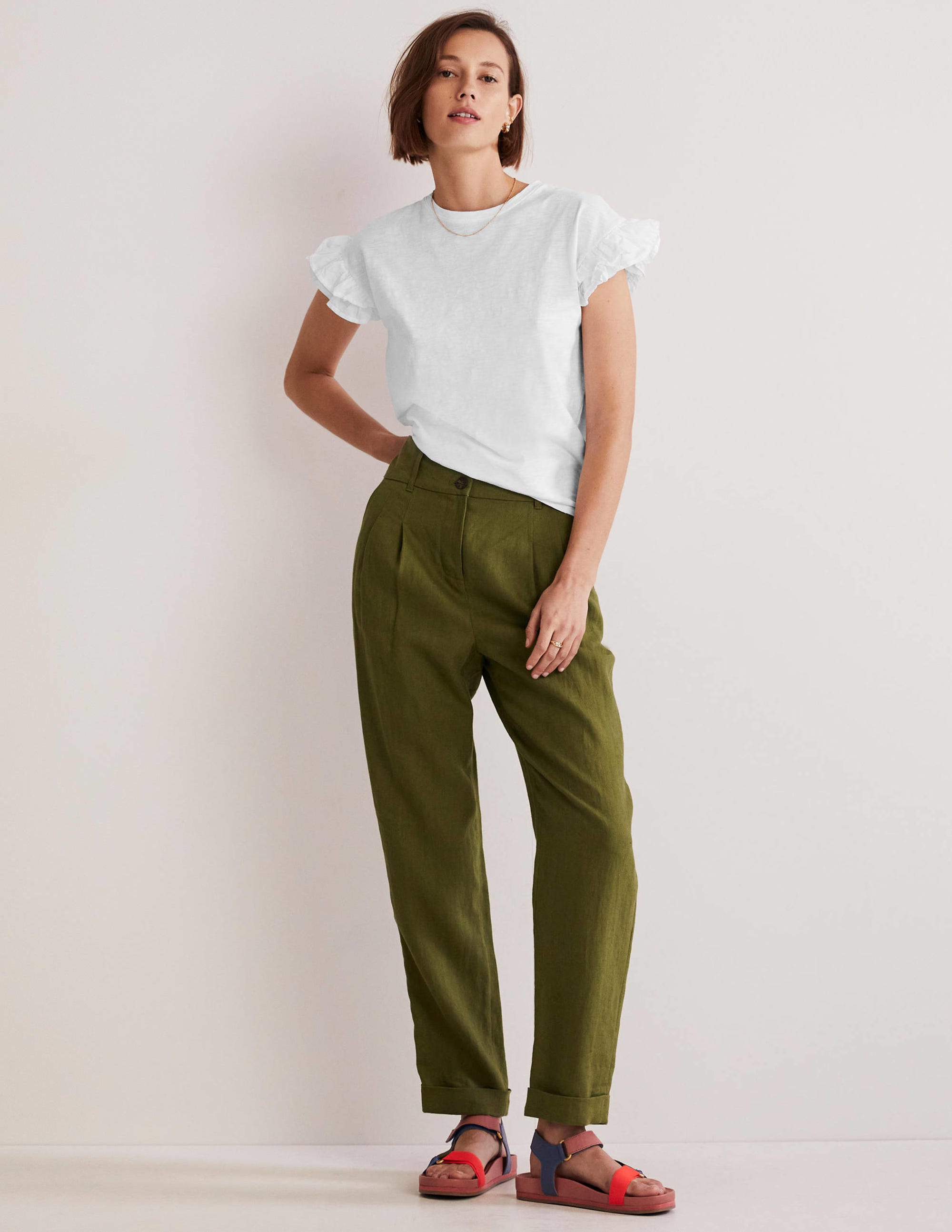 Woven Frill Sleeve T-shirt-White - Image 4