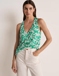 V-Neck Twist Back Jersey Top-Emerald, Floret Bud