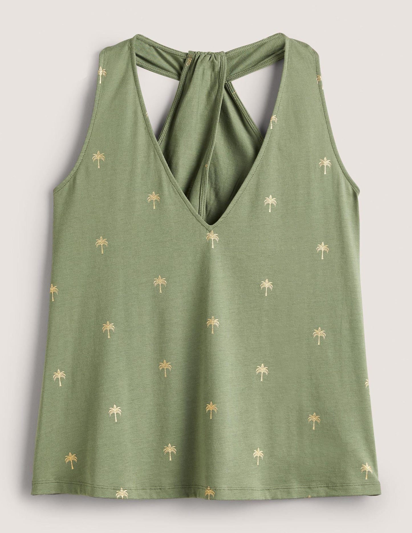 V-Neck Twist Back Jersey Top-Alder and Gold, Paradise Palm